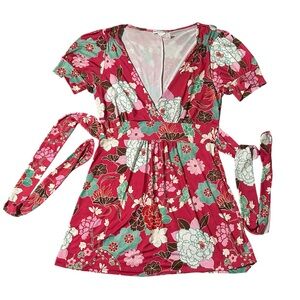 Body Central Vintage Y2K Floral Tie Back Pink Babydoll Top Size S Empire Waist